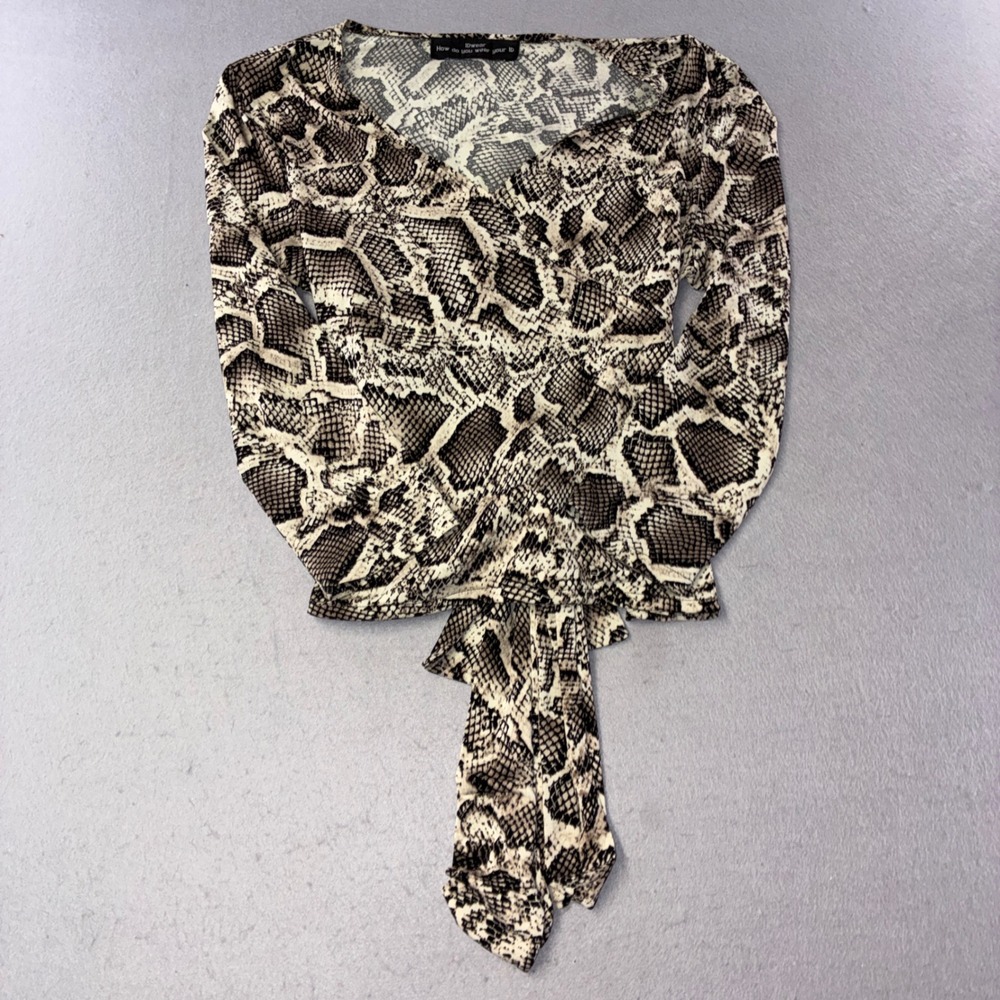 336 IDwear Snakeskin Print Top L Tan Black V-Neck Front Tie Long Sleeve Blouse